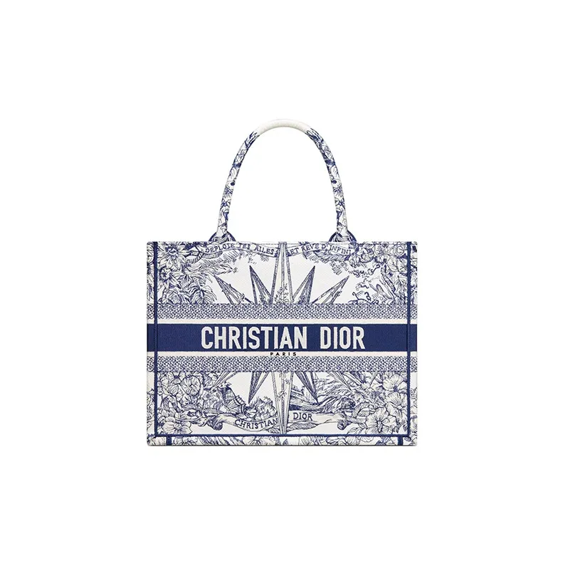 DIOR BookTote Embroidery Tote Bag, Shopping Bag, One Shoulder Handbag Medium Size Women's Blue/White-0