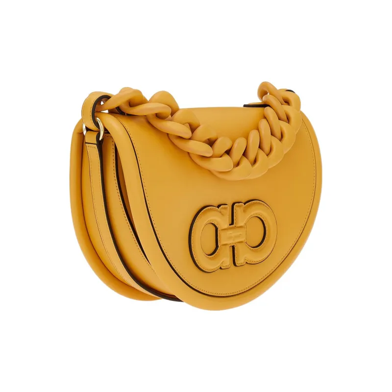 FERRAGAMO AURA Cow Leather Crescent Moon Bag Crossbody Shoulder Handbag Women's Light Yellow-2