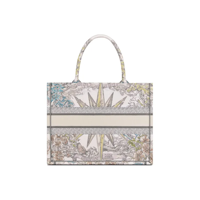 DIOR BookTote Embroidery Tote Bag, Shopping Bag, One Shoulder Handbag Medium Size Women's White/Multicolor-2