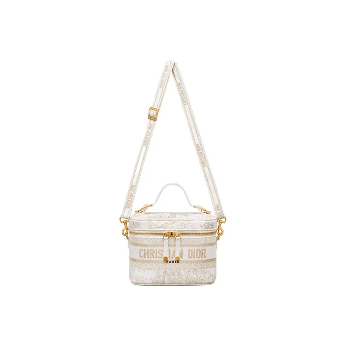 DIOR DiorTravel Fabric Toiletry Bag Portable One Shoulder Crossbody Makeup Bag Small Size Women's White/Light Gold-1