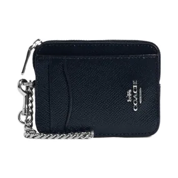 COACH Card Case Cross Grain Leather Coin Purse, Card Holder Mini Women's Midnight Marine Blue