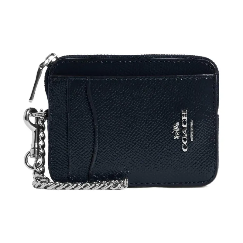 COACH Card Case Cross Grain Leather Coin Purse, Card Holder Mini Women's Midnight Marine Blue-0