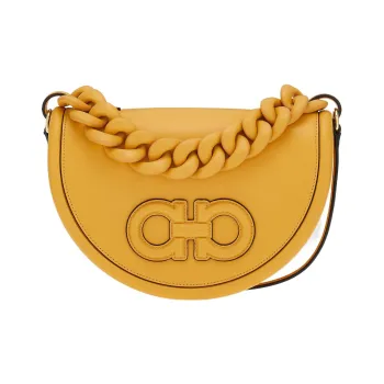 FERRAGAMO AURA Cow Leather Crescent Moon Bag Crossbody Shoulder Handbag Women's Light Yellow