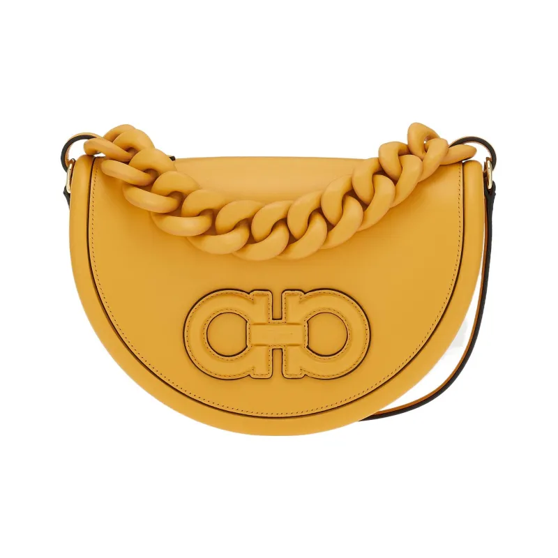 FERRAGAMO AURA Cow Leather Crescent Moon Bag Crossbody Shoulder Handbag Women's Light Yellow-0