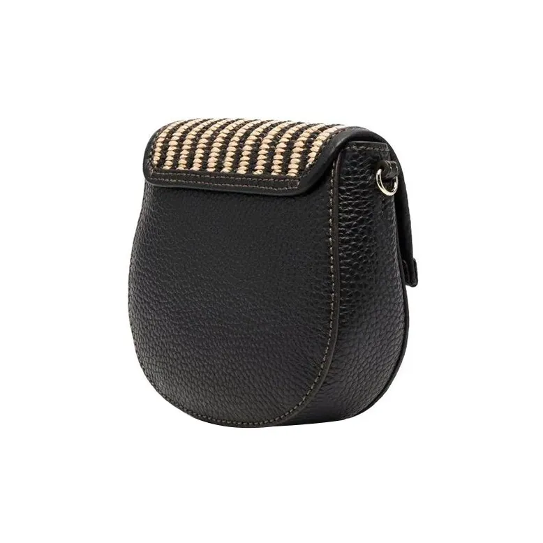 Furla Club 2 Raffia And Grain Cow Leather Combination Crossbody Bag, Shoulder Bag Women's Black-1