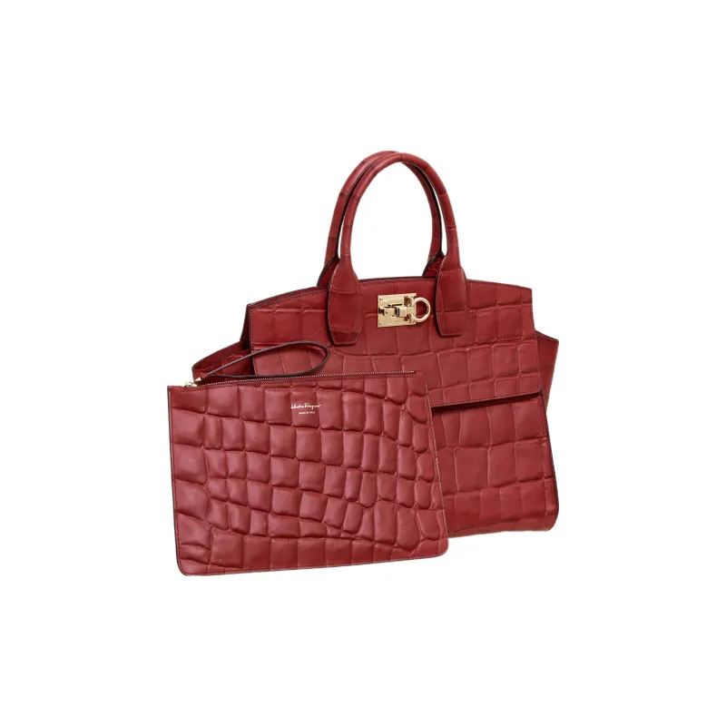 FERRAGAMO Studio Calfskin Handbag Large Size Women's Red-3