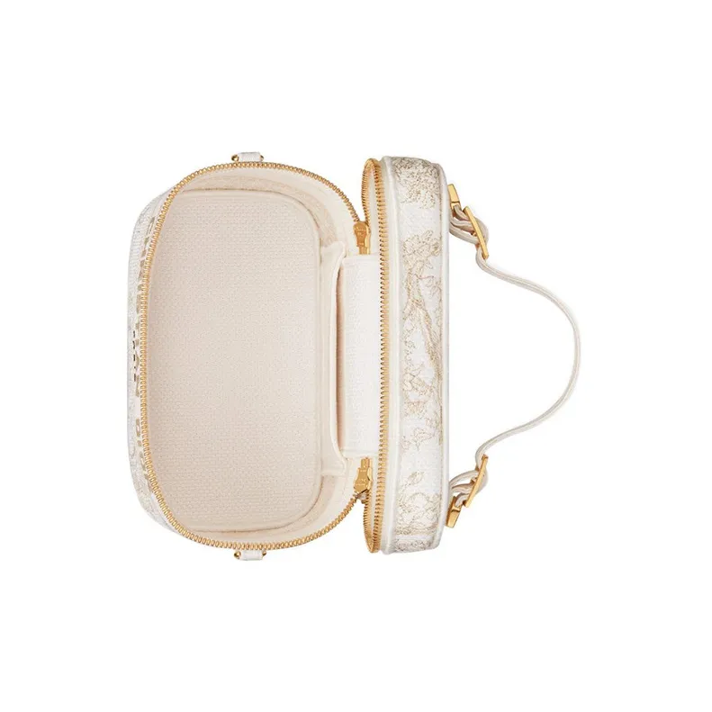 DIOR DiorTravel Fabric Toiletry Bag Portable One Shoulder Crossbody Makeup Bag Small Size Women's White/Light Gold-5