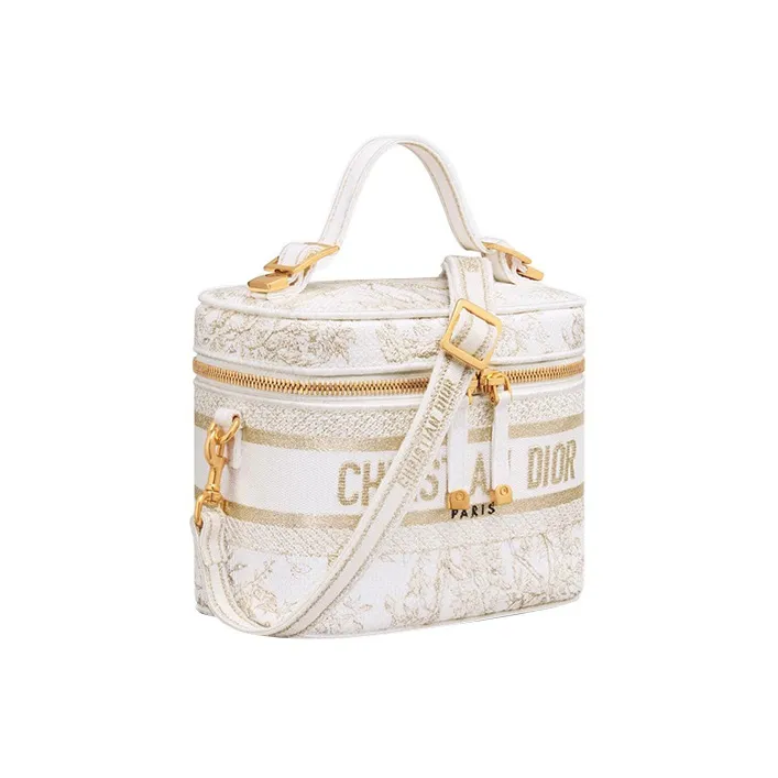 DIOR DiorTravel Fabric Toiletry Bag Portable One Shoulder Crossbody Makeup Bag Small Size Women's White/Light Gold-2
