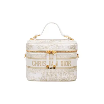 DIOR DiorTravel Fabric Toiletry Bag Portable One Shoulder Crossbody Makeup Bag Small Size Women's White/Light Gold