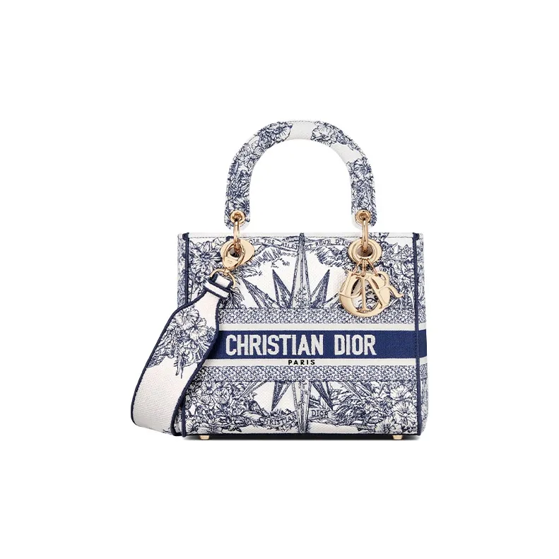 DIOR Lady D-Lite Embroidery Daisie Bag Shoulder Bag Crossbody Bag Handbag Medium Size Women's Blue-0