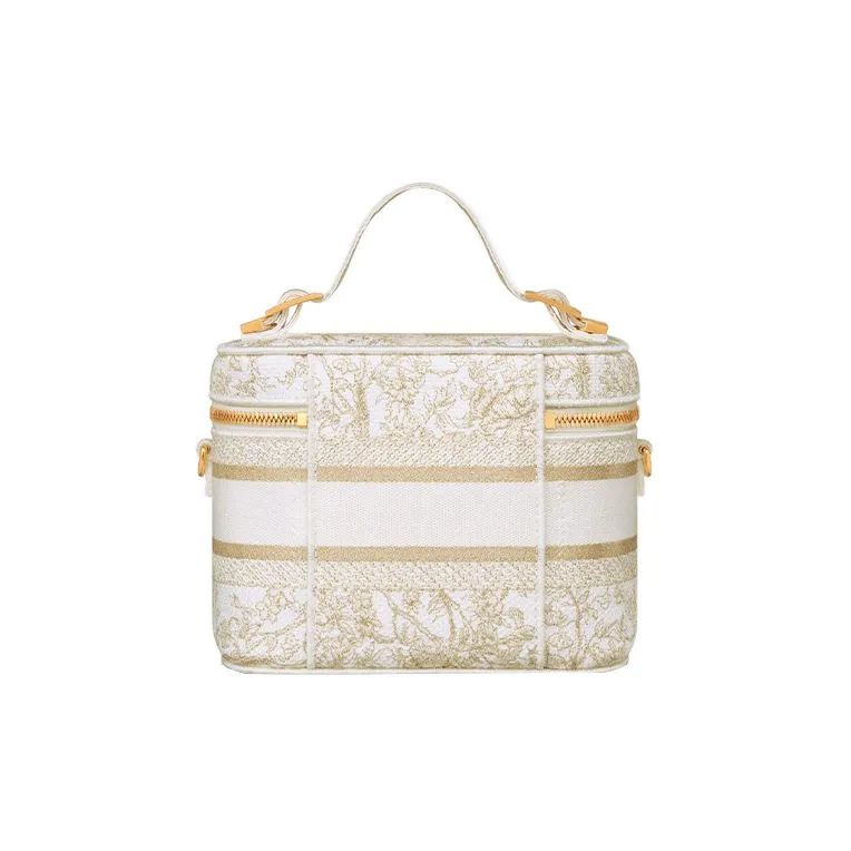 DIOR DiorTravel Fabric Toiletry Bag Portable One Shoulder Crossbody Makeup Bag Small Size Women's White/Light Gold-3