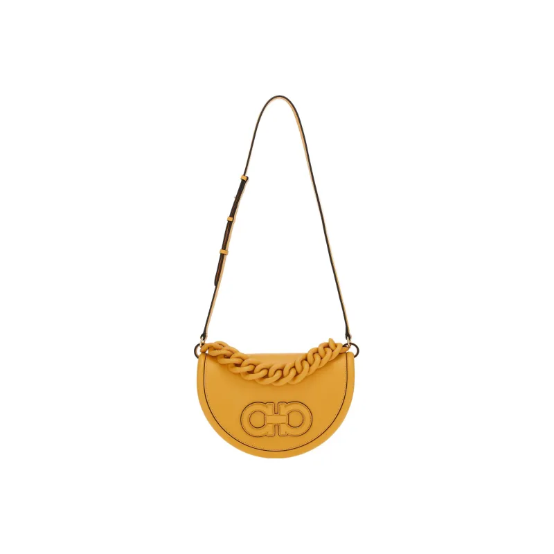 FERRAGAMO AURA Cow Leather Crescent Moon Bag Crossbody Shoulder Handbag Women's Light Yellow-3