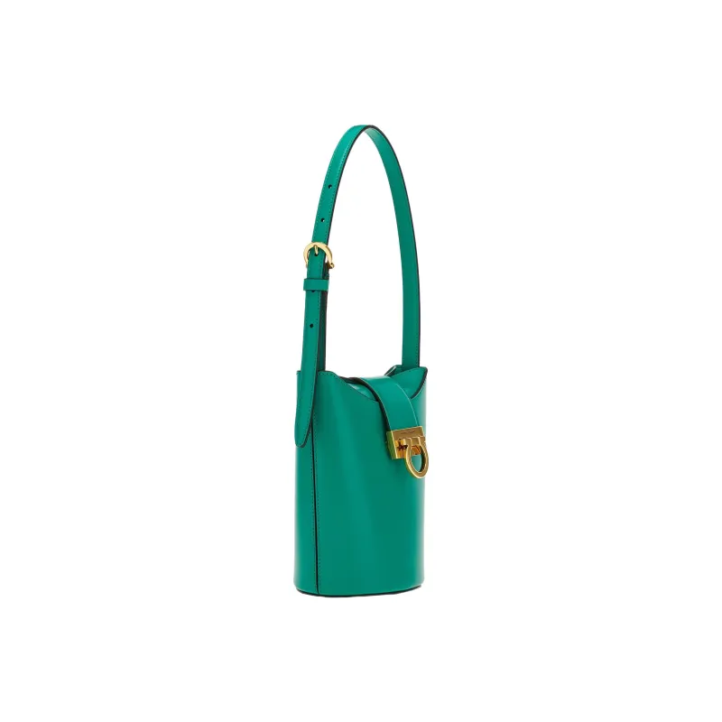 FERRAGAMO Trifolio Cow Leather Bucket Bag, Handbag, Shoulder Bag Women's Dark Bright Green-1