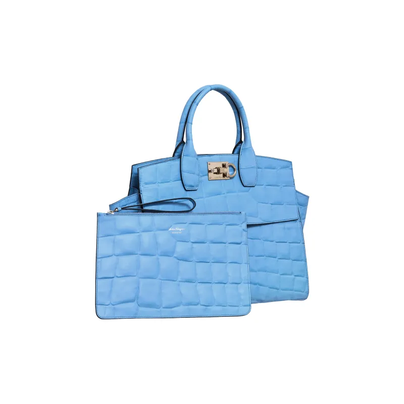 FERRAGAMO Studio Calfskin Handbag Large Size Women's Blue-2
