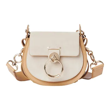 Chloe Tess Suede With Shiny Calfskin Shoulder Bag, Crossbody Bag, Handbag Small Size Women's Nude/White