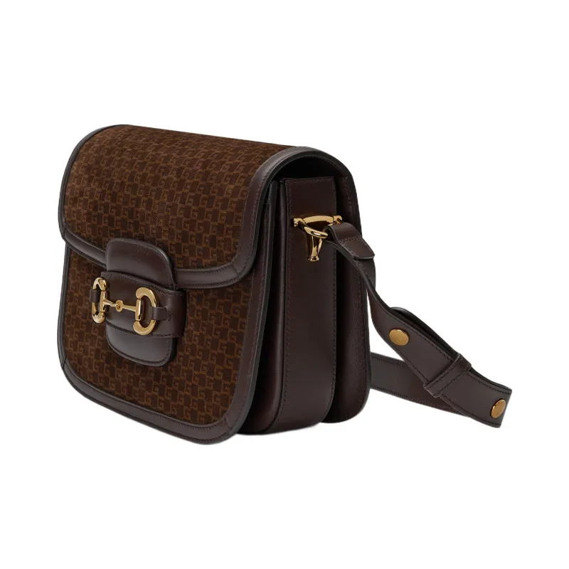 GUCCI Horsebit 1955 Leather Suede Bonded Saddle Bag Crossbody Shoulder Bag Women's Dark Brown-1
