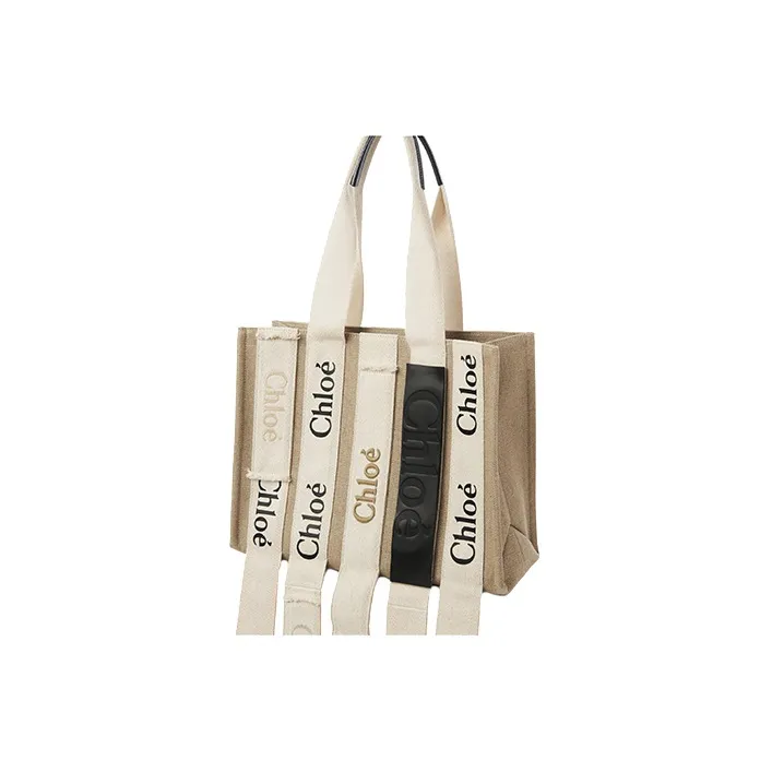 Chloe Woody Linen With Calfskin Tote Bag, Shopping Bag, Handbag Medium Size Women's Beige-1