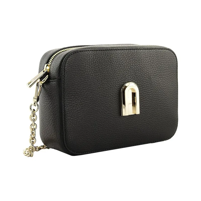 Furla Sleek Collection Hammered Texture Leather Camera Bag, Shoulder Bag, Crossbody Bag Women's Black-1
