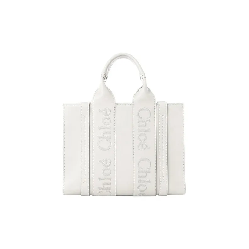 Chloe Woody Calfskin Tote Bag, Shopping Bag, Shoulder Bag, Crossbody Bag, Handbag Trumpets Women's White-1
