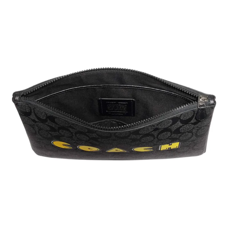 COACH Pac-Man Collaboration Pouch Coated Canvas With Exquisite Calfskin Detail Clutch Large Size Men's Black-1