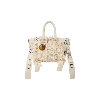 Chloe Woody Linen Tote Bag Shopping Bag Crossbody One Shoulder Handbags Small Size Women's Beige