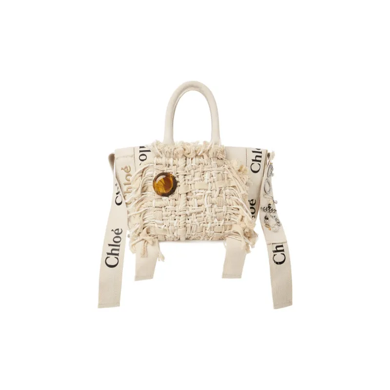 Chloe Woody Linen Tote Bag Shopping Bag Crossbody One Shoulder Handbags Small Size Women's Beige-0