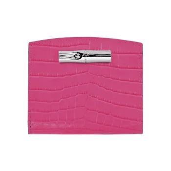 LONGCHAMP Roseau Crocodile-Embossed Calfskin Card Holder Wallet Women's Fuchsia