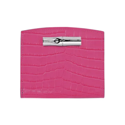 LONGCHAMP Roseau Crocodile-Embossed Calfskin Card Holder Wallet Women's Fuchsia