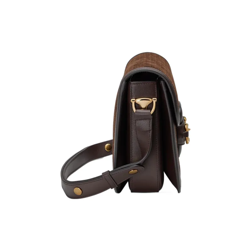 GUCCI Horsebit 1955 Leather Suede Bonded Saddle Bag Crossbody Shoulder Bag Women's Dark Brown-3