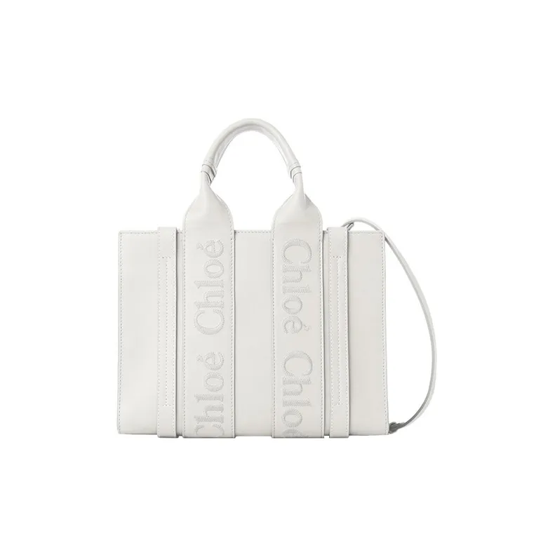 Chloe Woody Calfskin Tote Bag, Shopping Bag, Shoulder Bag, Crossbody Bag, Handbag Trumpets Women's White-0
