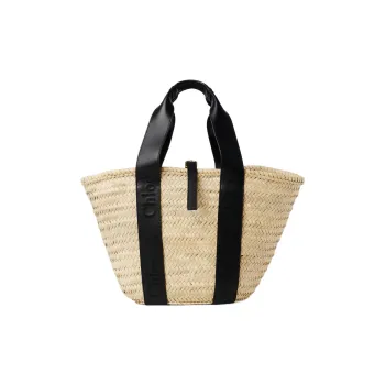 Chloe Raffia With Calfskin Basket Bag, One Shoulder Handbag Medium Size Women's Black