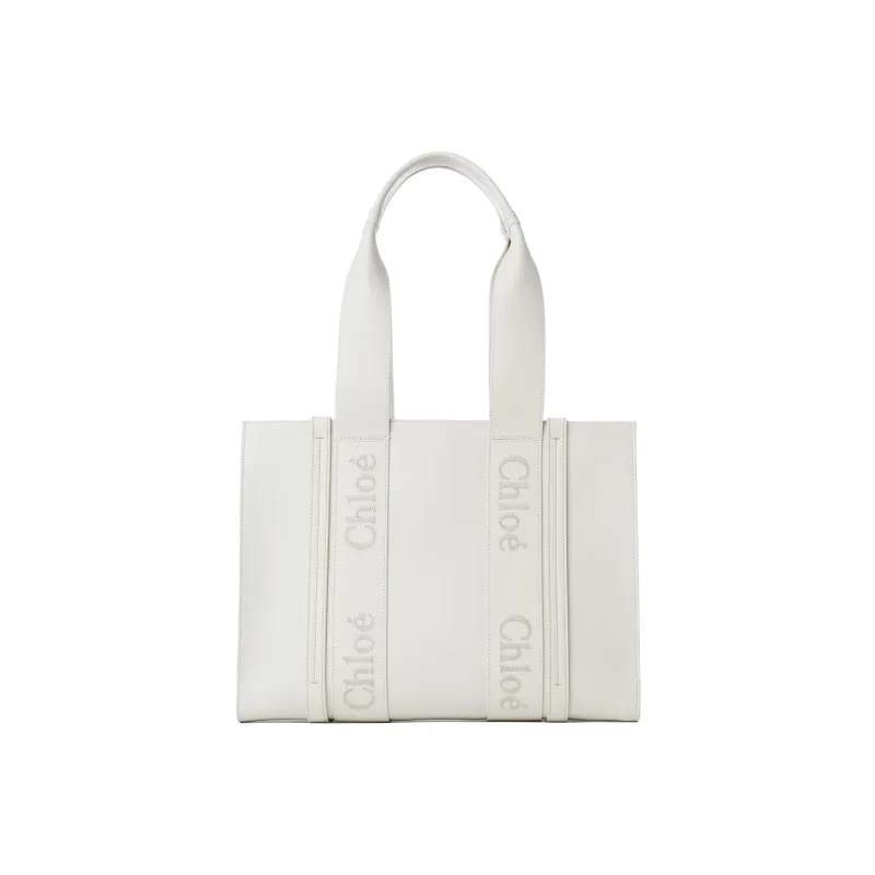 Chloe Woody Smooth Calf Leather Tote Bag, Shopping Bag, Shoulder Bag, Handbag Medium Size Women's White-0