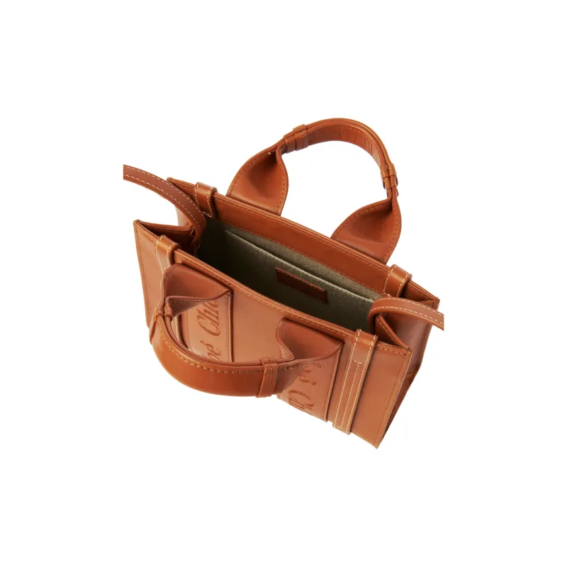 Chloe Woody Calfskin Tote Bag, Shopping Bag, Shoulder Bag, Crossbody Bag, Handbag Mini Women's Caramel-2