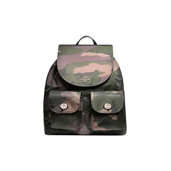 COACH Leather Detail Backpack Large Size Unisex Light Gold & Dark Green