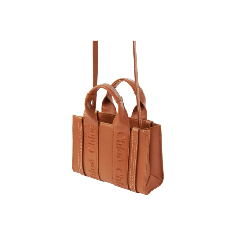 Chloe Woody Calfskin Tote Bag, Shopping Bag, Shoulder Bag, Crossbody Bag, Handbag Mini Women's Caramel-1