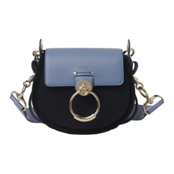 Chloe Tess Linen Canvas With Shiny Calfskin Shoulder Bag Crossbody Bag Handbag Small Size Women's Blue/Black
