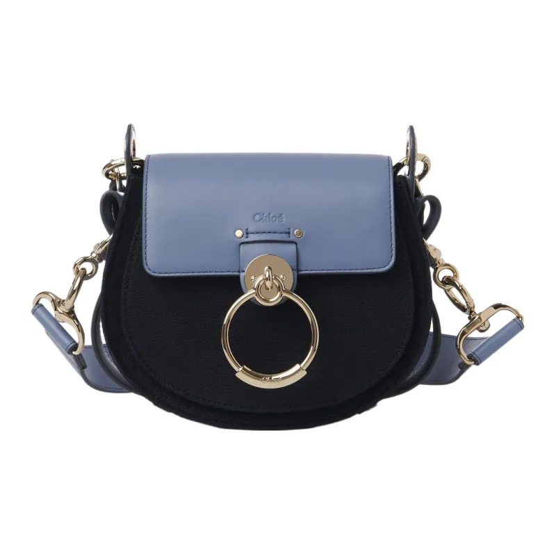 Chloe Tess Linen Canvas With Shiny Calfskin Shoulder Bag Crossbody Bag Handbag Small Size Women's Blue/Black-0
