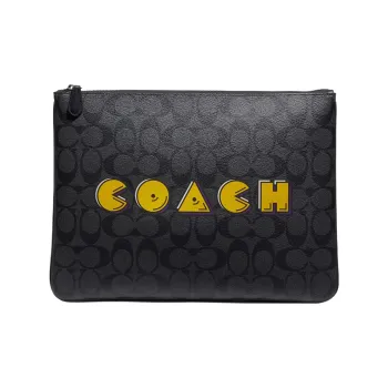 COACH Pac-Man Collaboration Pouch Coated Canvas With Exquisite Calfskin Detail Clutch Large Size Men's Black