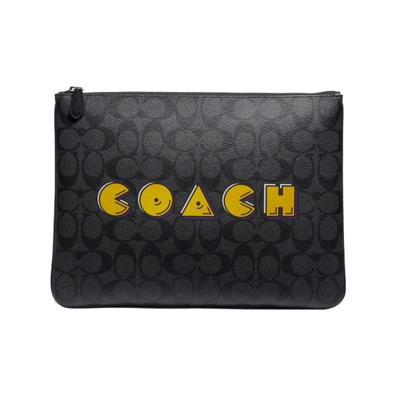 COACH Pac-Man Collaboration Pouch Coated Canvas With Exquisite Calfskin Detail Clutch Large Size Men's Black-0