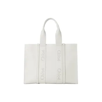 Chloe Woody Smooth Calf Leather Tote Bag Shopping Bag Handbag Large Size Women's White