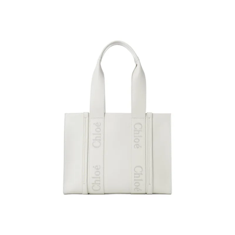 Chloe Woody Smooth Calf Leather Tote Bag, Shopping Bag, Shoulder Bag, Handbag Medium Size Women's White-1