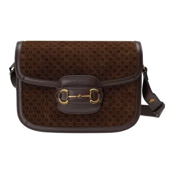GUCCI Horsebit 1955 Leather Suede Bonded Saddle Bag Crossbody Shoulder Bag Women's Dark Brown
