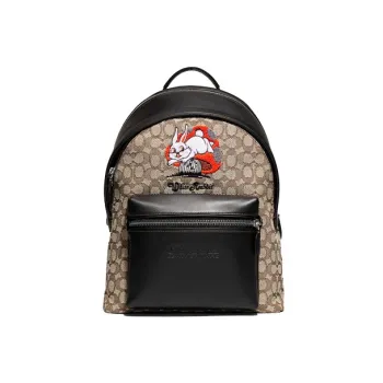 COACH Baymax Rabbit, Collaboration Charter Fabric With Cow Leather Backpack Men's Khaki & Black