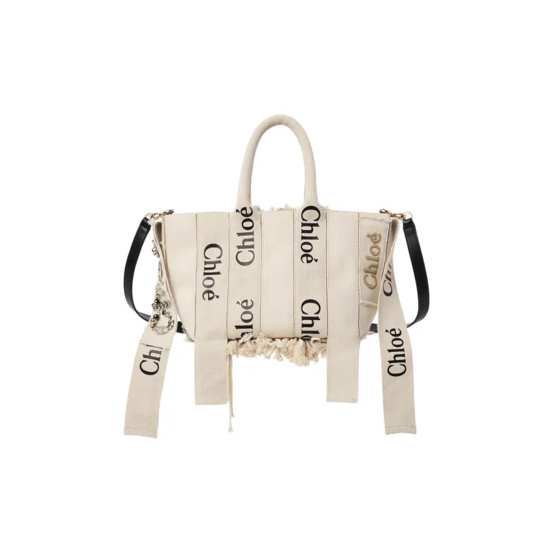 Chloe Woody Linen Tote Bag Shopping Bag Crossbody One Shoulder Handbags Small Size Women's Beige-1