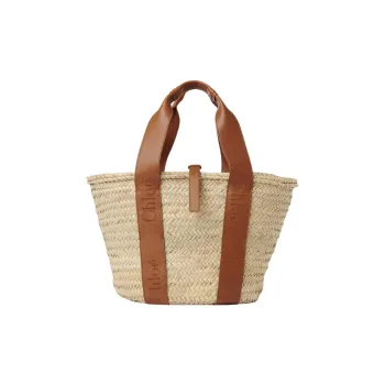 Chloe Raffia With Calfskin Basket Bag One Shoulder Handbag Medium Size Women's Caramel