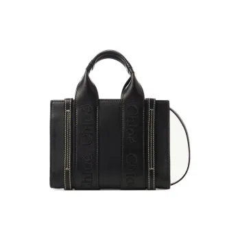 Chloe Woody Embroidery Calfskin Tote Bag, Shopping Bag, Shoulder Bag, Crossbody Bag, Handbag Mini Women's Black