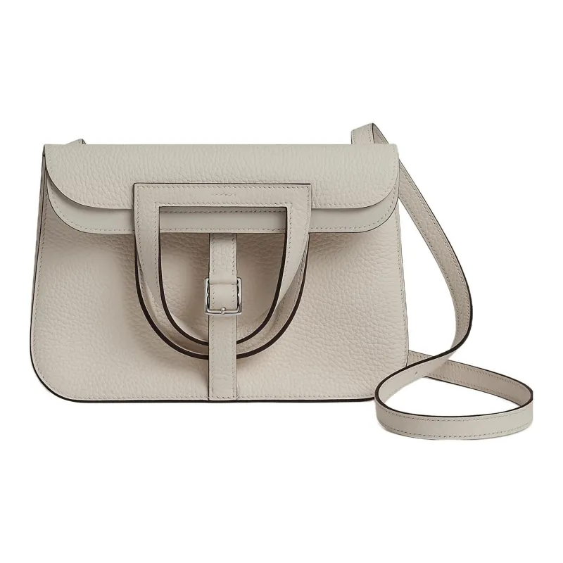 HERMES Halzan Clemence Bullock Leather Horse Shoe Bag Shoulder Bag Crossbody Bag Handbag Women's 8L Beton Glacier White-0