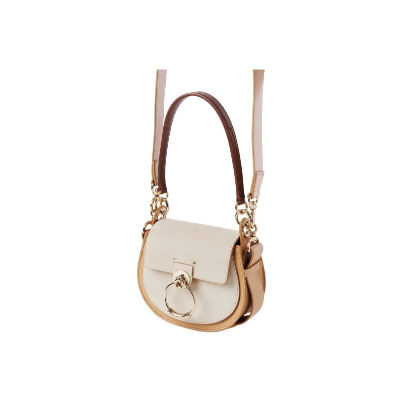 Chloe Tess Suede With Shiny Calfskin Shoulder Bag, Crossbody Bag, Handbag Small Size Women's Nude/White-2