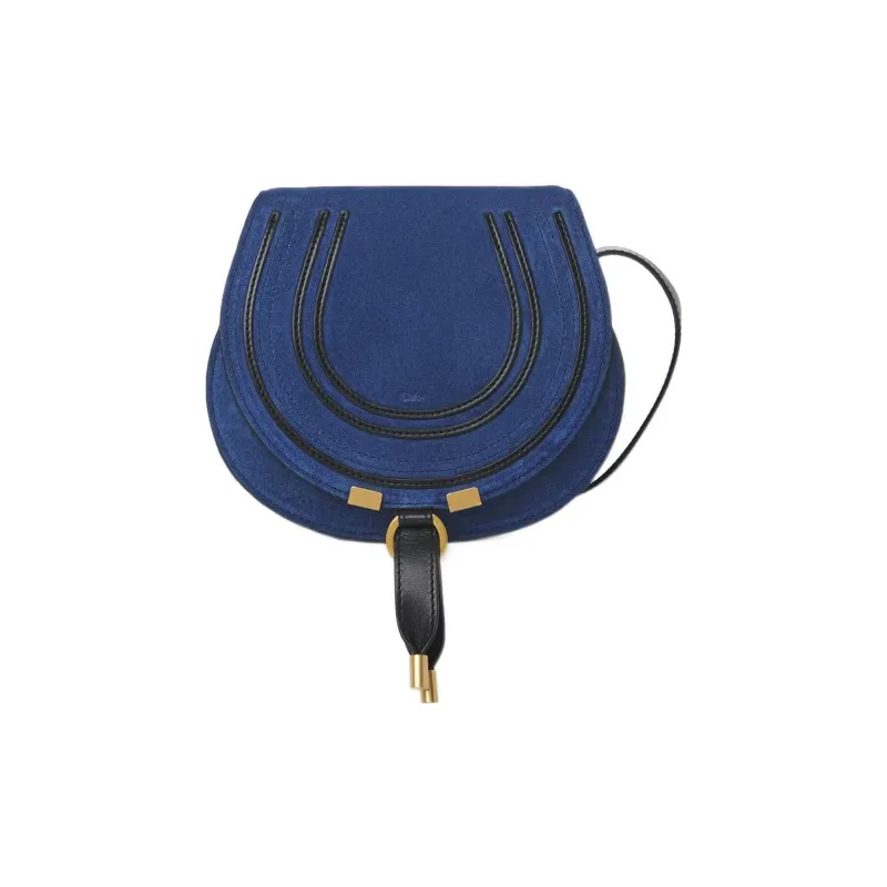 Chloe Marcie Suede Studded Calfskin Saddle Bag Shoulder Bag Crossbody Bag Small Size Women's Blue/Black-0