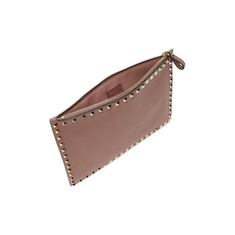 Valentino Rockstud Grained Cow Leather Clutch Large Size Women's Dark Pink-2